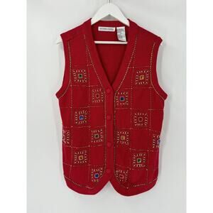 Victoria Jones Vintage Sweater Vest Womens Large Red Beaded Stones Button Front